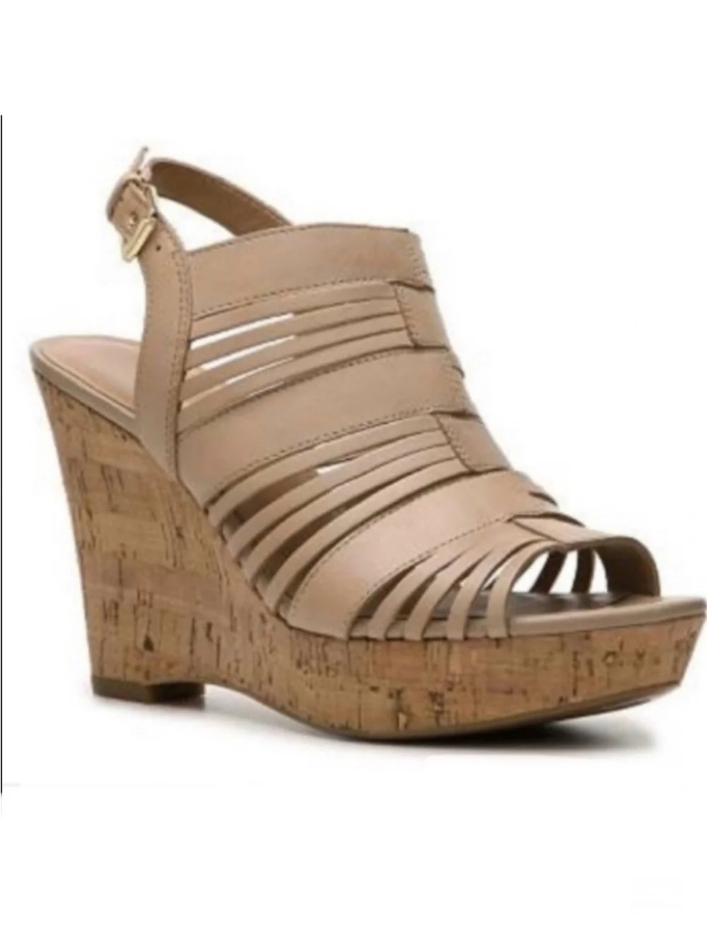 Franco Sarto Sharp tan leather cork wedge slingback sandals